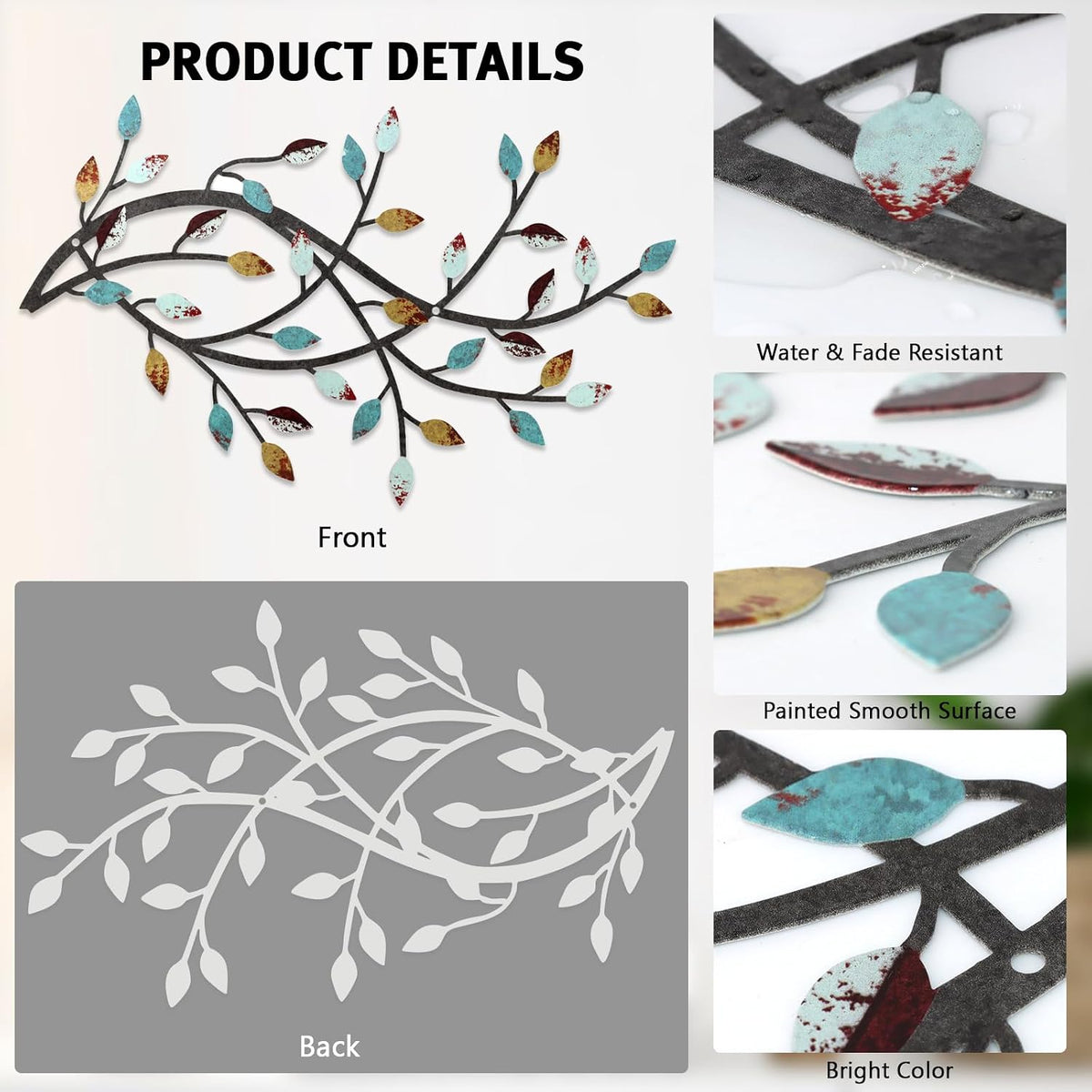 Meltset Metal Tree Leaf Wall Decor, Vine Olive Leaf Branch Wall Art, Wrought Iron Scroll Artwork, Decorative Wall Sculptures Above The Bed, Living Room, Hallway, Indoor and Outdoor（S/Farmhouse）