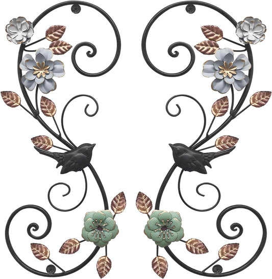 Birminwind 3D Metal Flower Wall Art: 2pcs Vintage Floral Wall Décor with Leaves Bird for Room - 15.16" Black and Gold Iron Decoration Indoor Outdoor