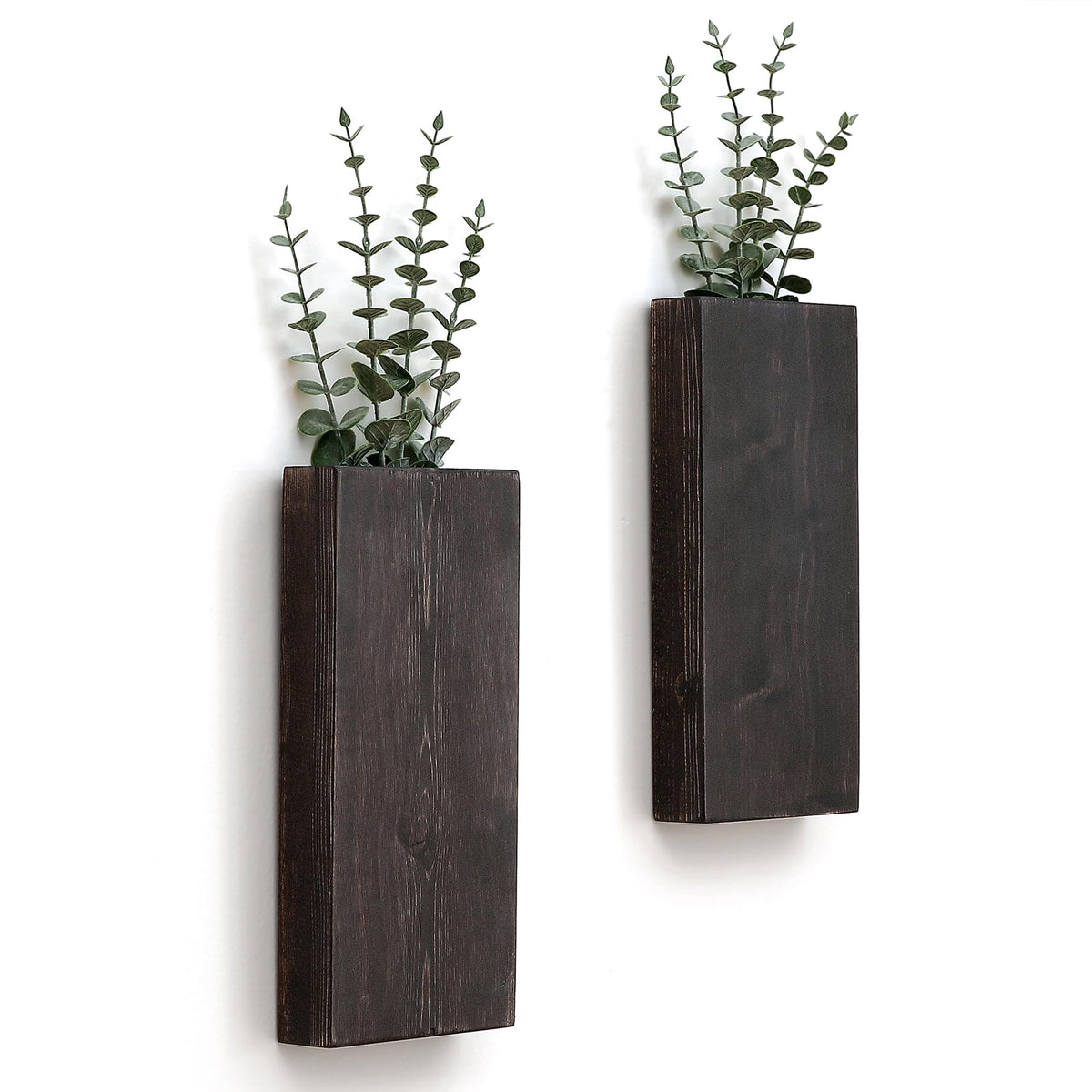 Wood Wall Planter Set of 2, Wood Wall Pocket for Greenery and Dried Flowers, Indoor Hanging Vase, Modern Farmhouse Wall Decor for Living Room Bedroom Office Eucalyptus Stems Decorations (Walnut)