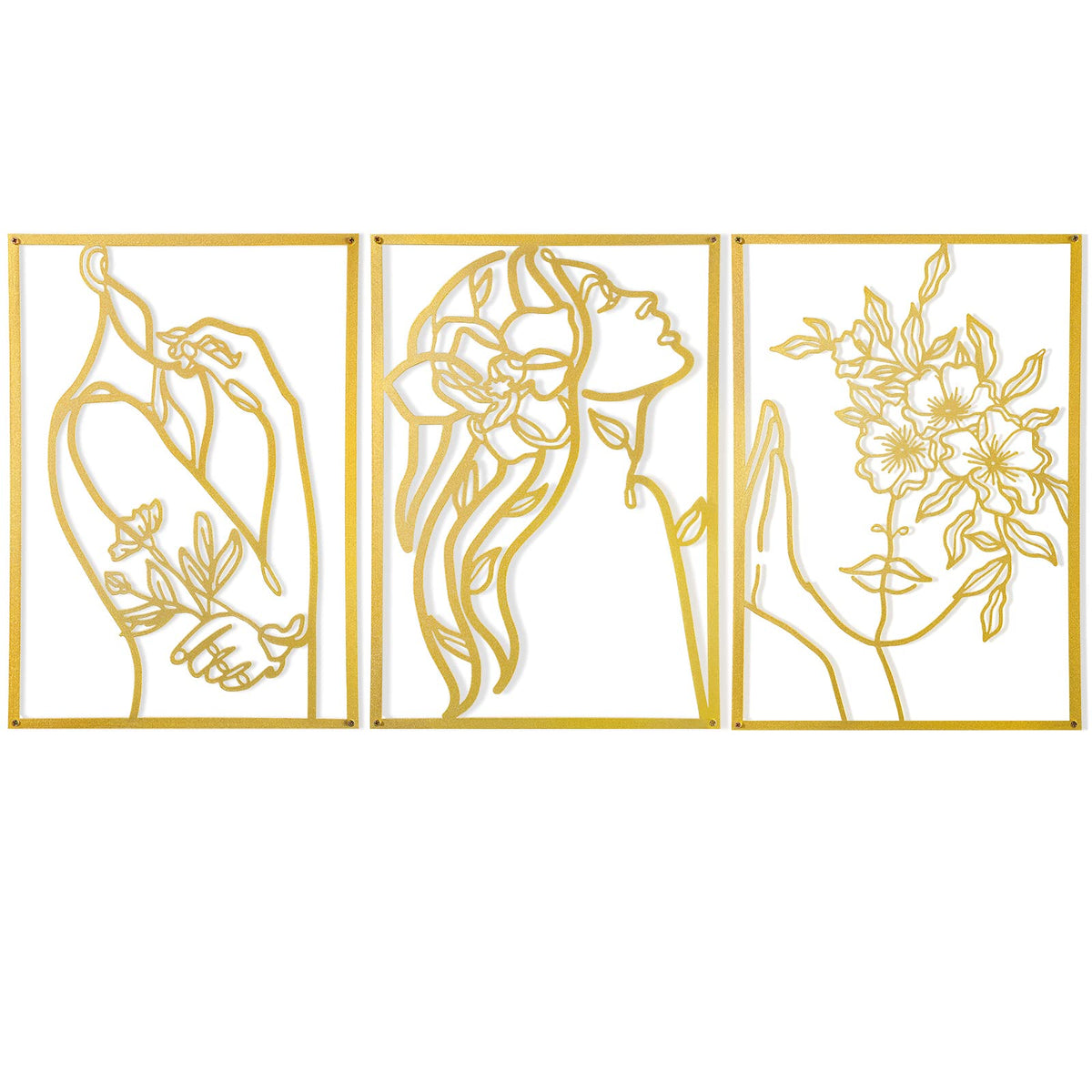 AGIOTA 3 Pcs Gold Metal Wall Decor, Minimalist Floral Women Line Drawing Wall Art, Elegant Abstract Lady Silhouette Metal Wall Hanging for Home Bedroom Living Room