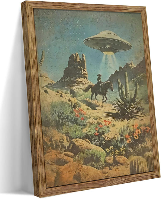 Framed Vintage Intergalactic Western Canvas Wall Art, Alien UFO Abducting Cowboy, Desert Cactus and Flowers Wall Decor, Retro Sci-Fi Poster for Living Room Bedroom – Dark Wooden Frame 12x16in