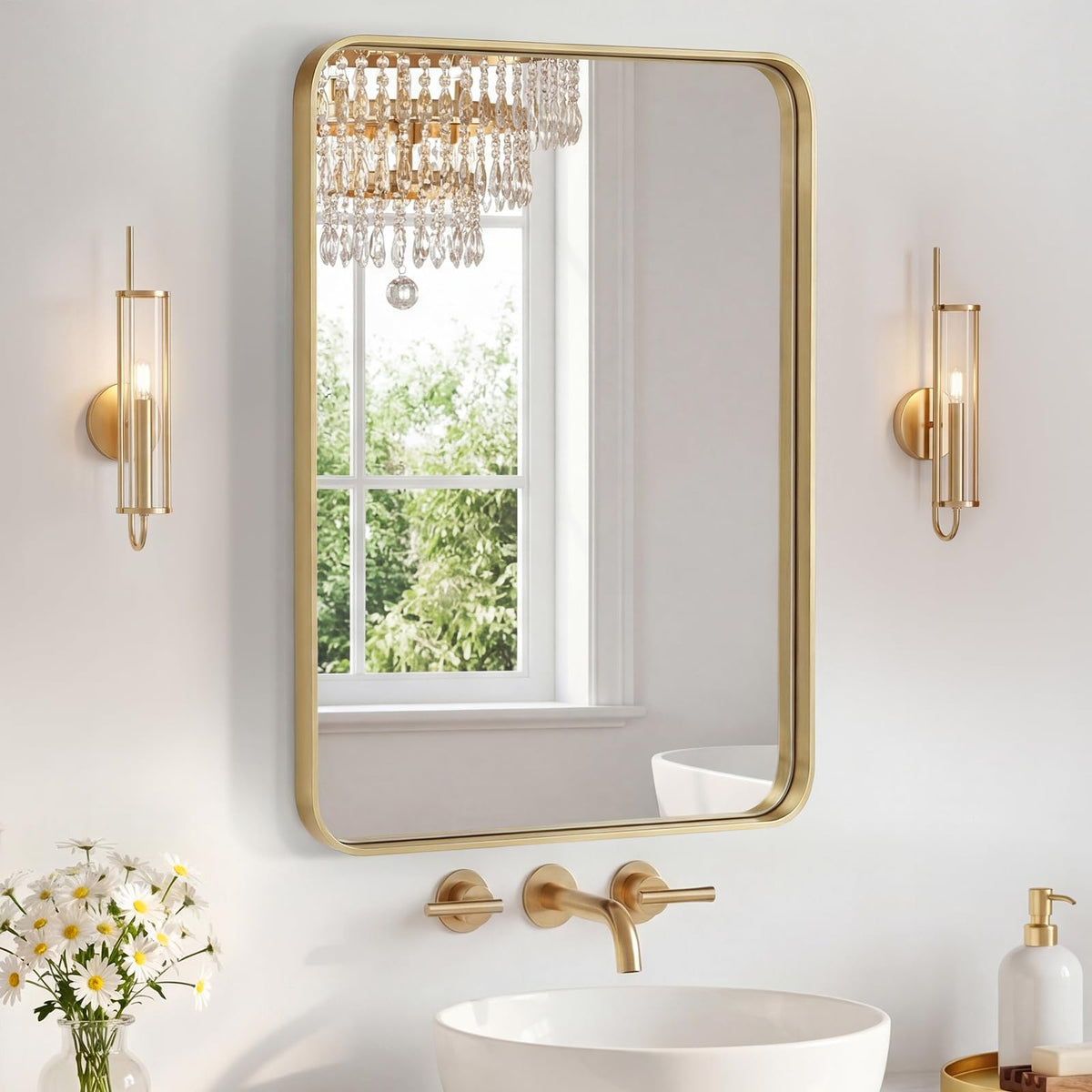 NEWBULIG 20X30 Inch Arched Bathroom Wall Mirror for Over Sink, Gold