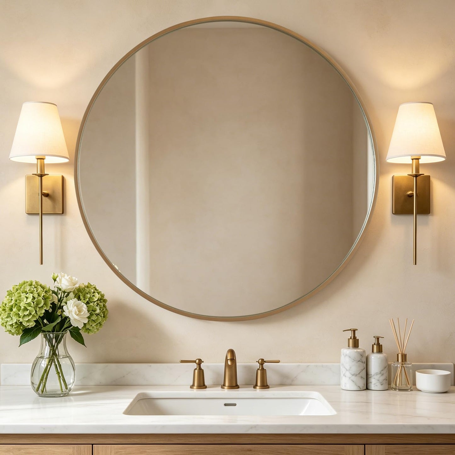 WallBeyond Round Wood Mirror 24 inch Circle Wall Mirror for Bathroom Round Wall Mirror for Wall Decor, Vanity, Entryway Living Room (Natural)