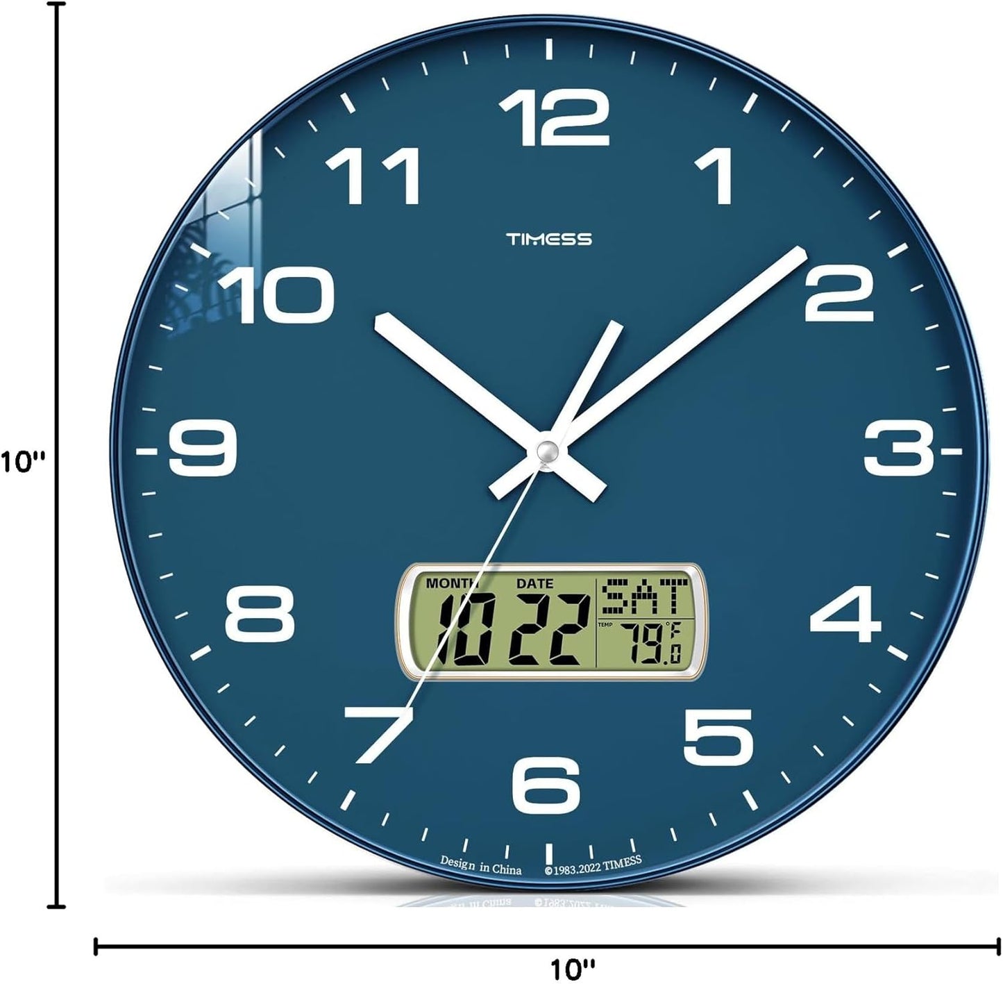 TIMESS 10-Inch Non-Ticking Analog Wall Clock with LCD Display, Blue