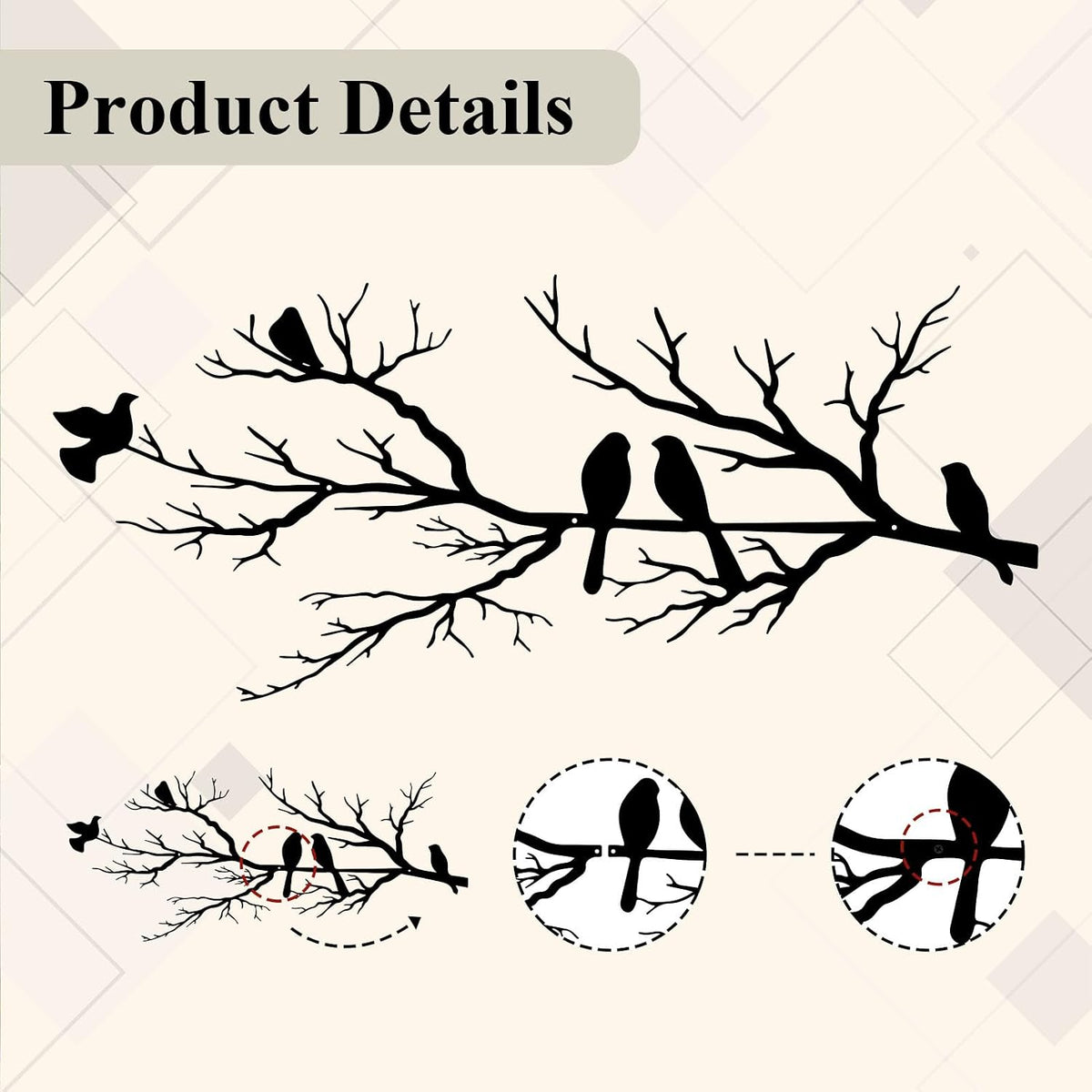 Metal Birds Wall Art, Metal Vivid Birds on Branch Silhouette Wall Decor Black Leaves with Bird Outdoor Hanging Wall Sculpture for Home Balcony Garden(Large)