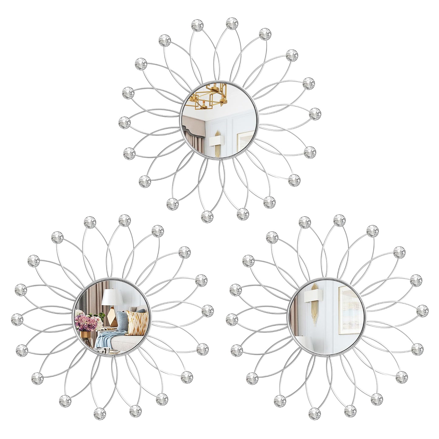 3 Pack Metal Mirrors for Wall Sunburst Wall Mirrors Home Décor Decorative Hanging Wall Art for Living Room Bedroom Entryway (Gold, Flower+Sunburst)