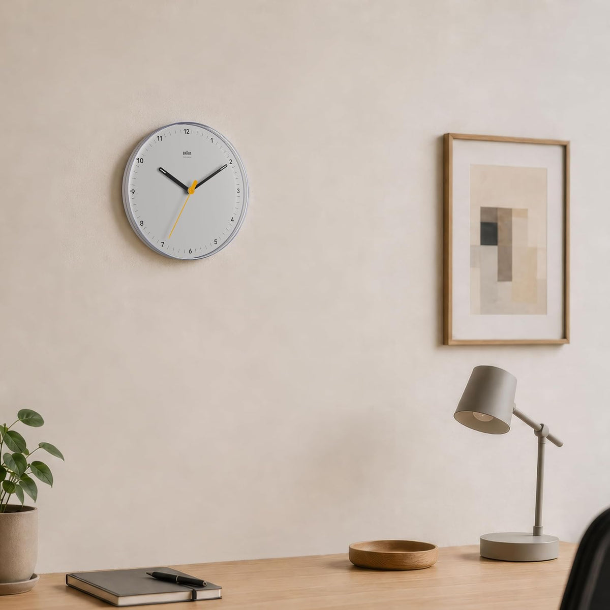 Braun Classic Analogue Wall Clock with Silent Sweeping Quartz Movement, Easy to Read, 23cm Diameter in White, Model BC26W.