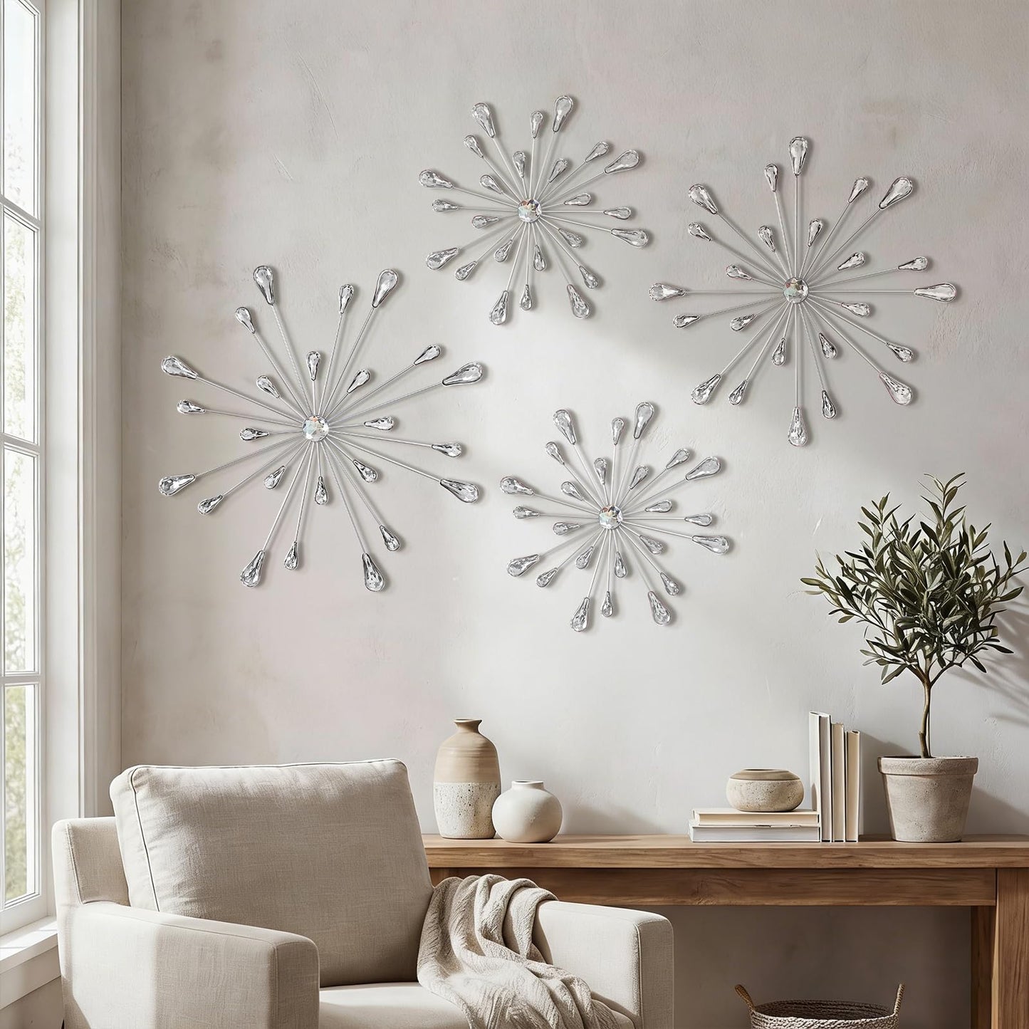ZEXUIRU 3 Set Silver Starburst Wall Art for Home Decor Metal Bling Crystal Rhinestones Sunburst Wall Decor Sparkling Rhinestone Art Accent Silver - 13in