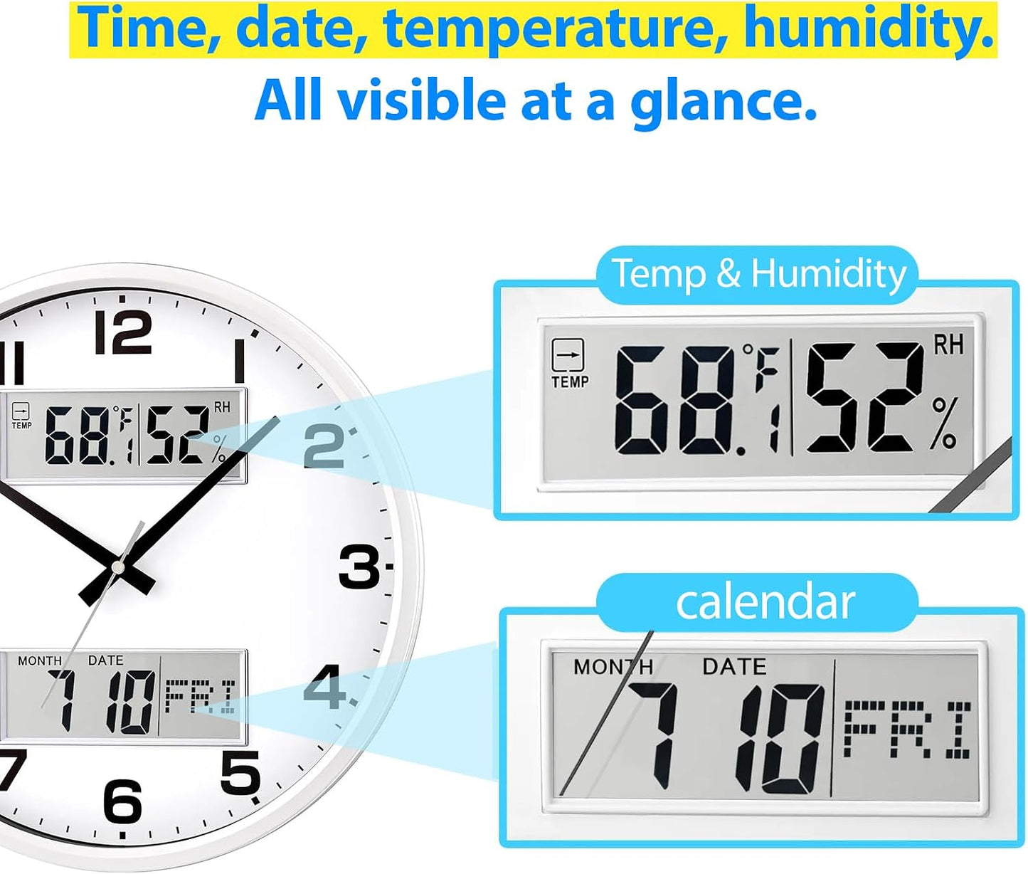 13" White Battery Powered Silent Wall Clock with Calendar Temperature and Humidity H-7326