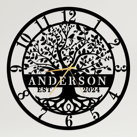 Personalized Family Tree of Life Metal Wall Clock - Custom Last Name Engraved Wall Art, Custom Metal Clock，Large Modern Home Decor for Housewarming, Wedding