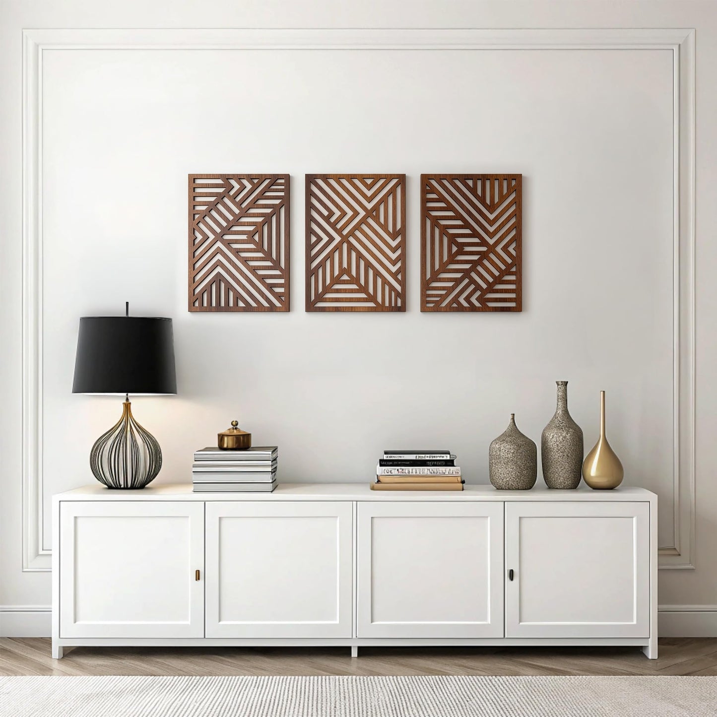 qmmp Modern Wooden Wall Sculptures - Set of 3 - Home Decor Accent - Large Wall Art for Living Room, Bedroom, Office - Easy Installation (Walnut, Medium - Mountain and Sun)