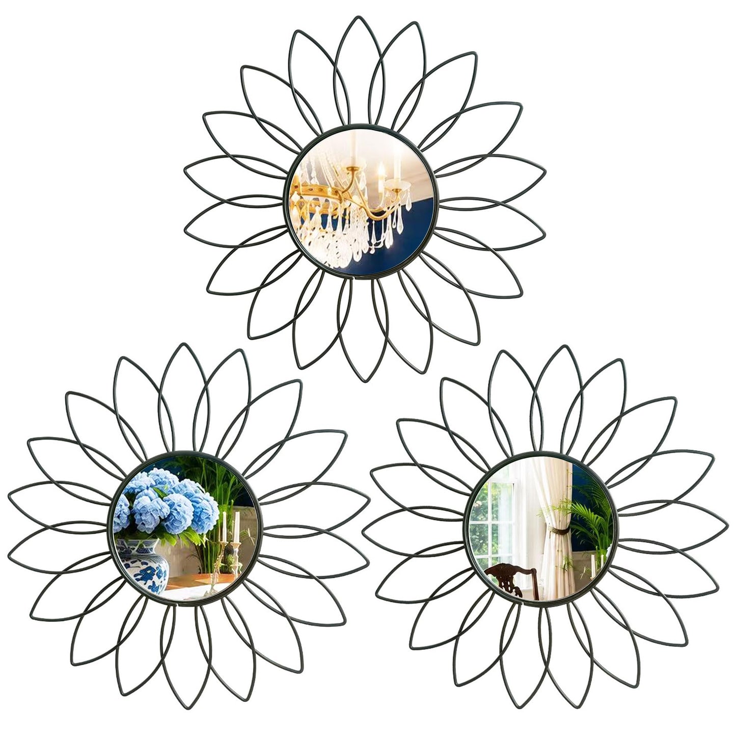 3 Pack Metal Mirrors for Wall Sunburst Wall Mirrors Home Décor Decorative Hanging Wall Art for Living Room Bedroom Entryway (Gold, Flower+Sunburst)