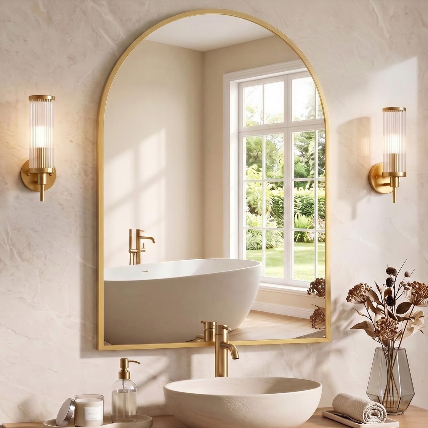 NEWBULIG 20X30 Inch Arched Bathroom Wall Mirror for Over Sink, Gold