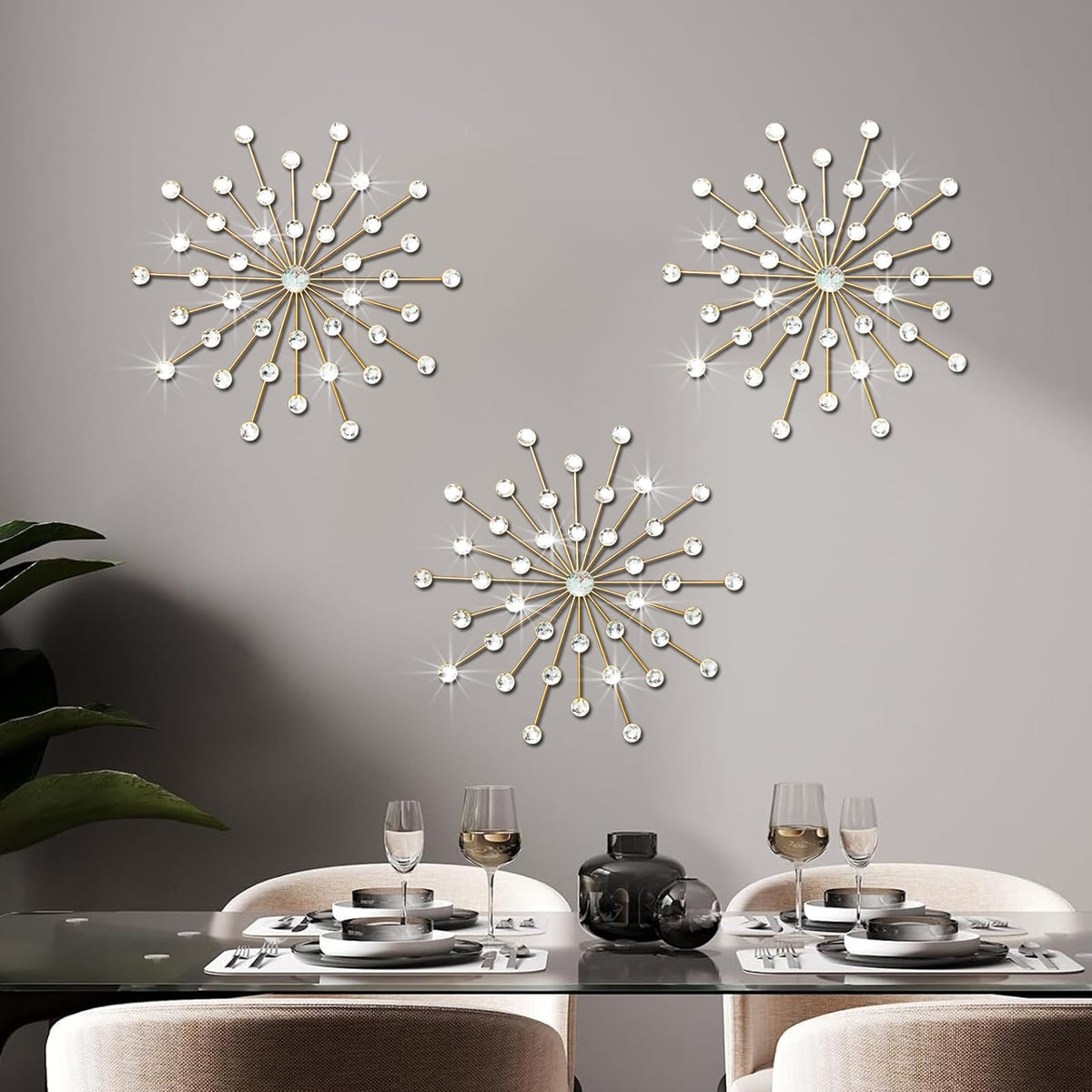ZEXUIRU 3 Set Silver Starburst Wall Art for Home Decor Metal Bling Crystal Rhinestones Sunburst Wall Decor Sparkling Rhinestone Art Accent Silver - 13in
