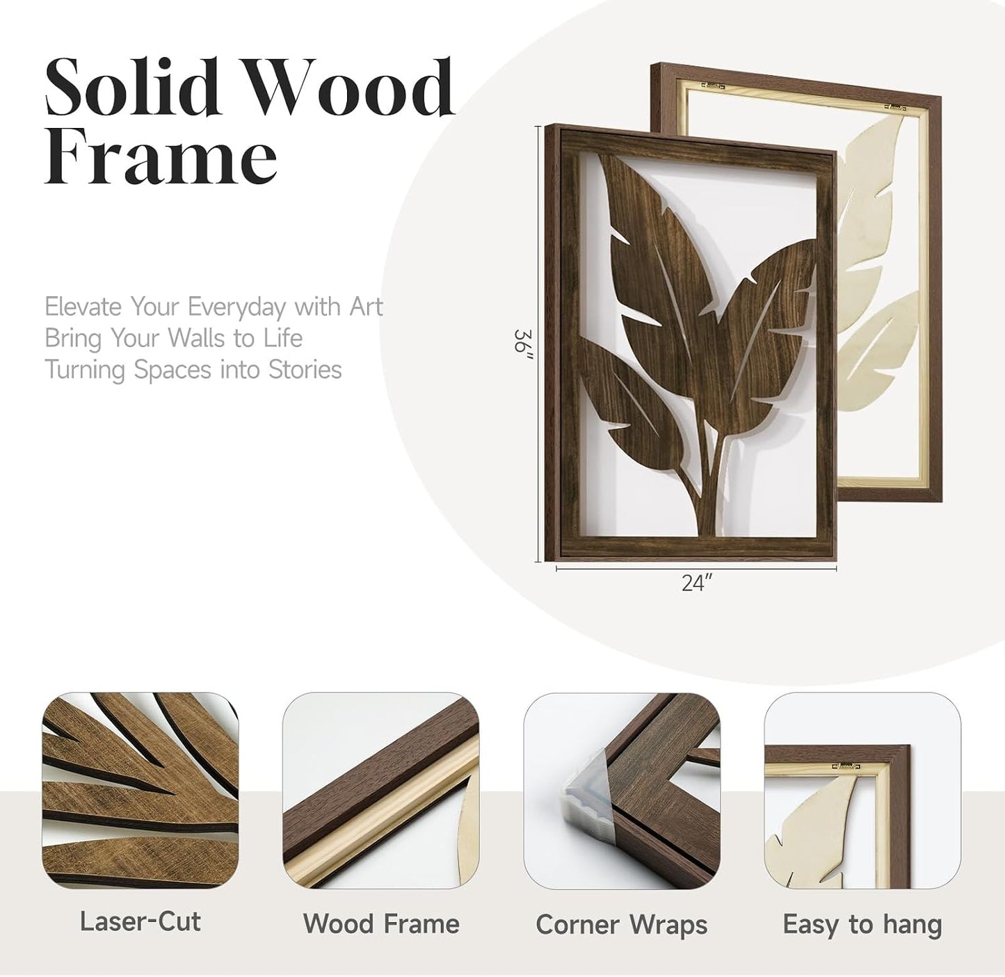 Framed Boho Cutout Carved Wood Wall Art Decor for Living Room, 24x36 Inch