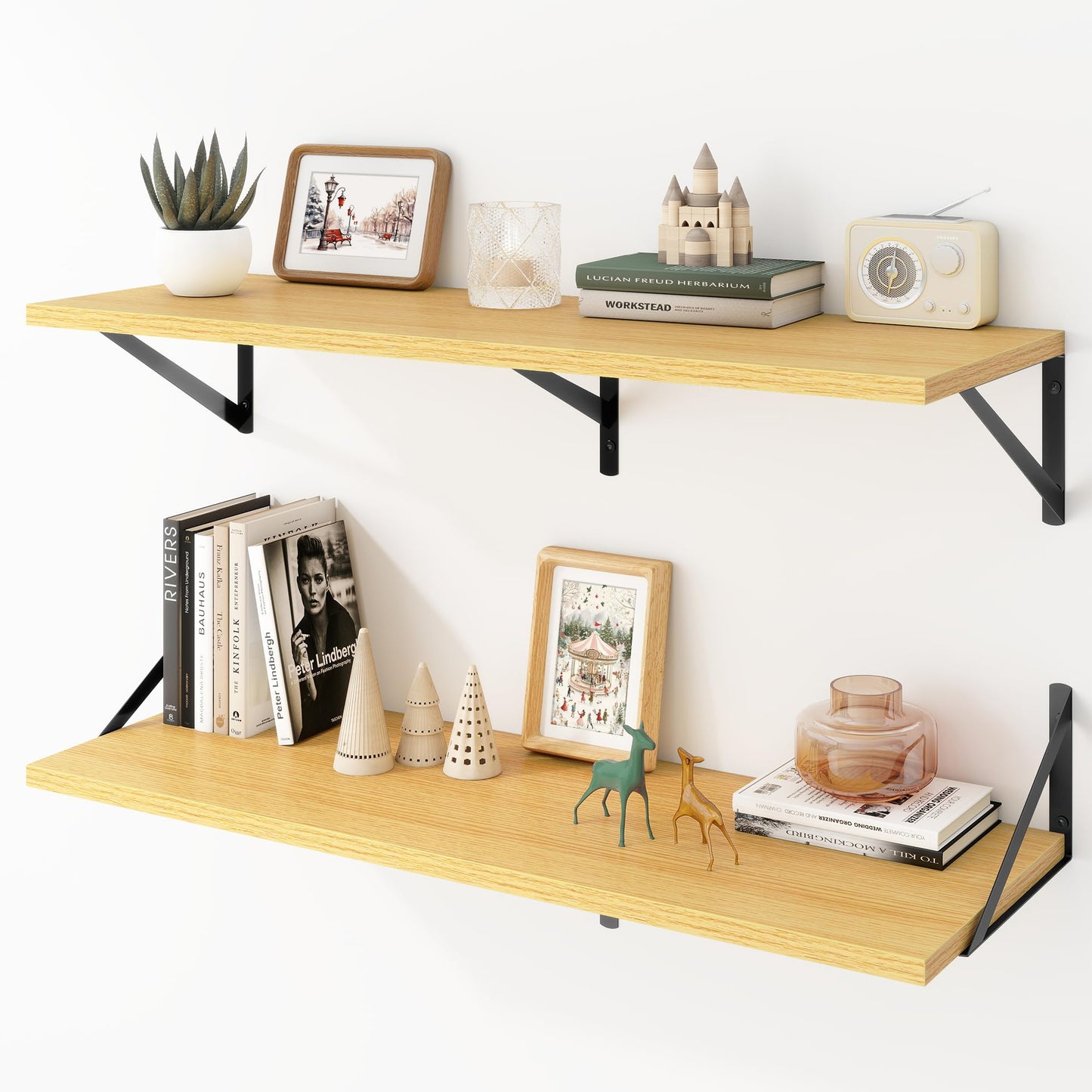 Acovy Deep Floating Shelves Wall Mounted, 36"x12" Brown Wood Shelves with Brackets Set of 2 for Bedroom, Living Room, Bathroom, Kitchen, Office - Storage & Display Shelf for Decor, Books, Plants