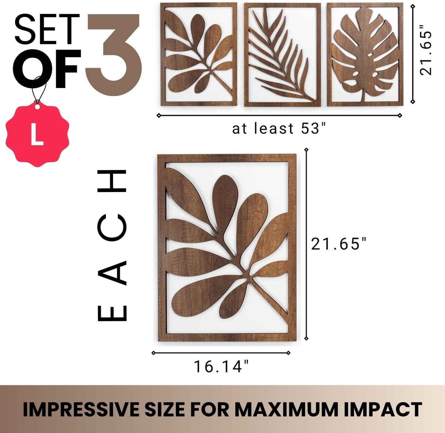 qmmp Modern Wooden Wall Sculptures - Set of 3 - Home Decor Accent - Large Wall Art for Living Room, Bedroom, Office - Easy Installation (Walnut, Large - Tree Leaves)