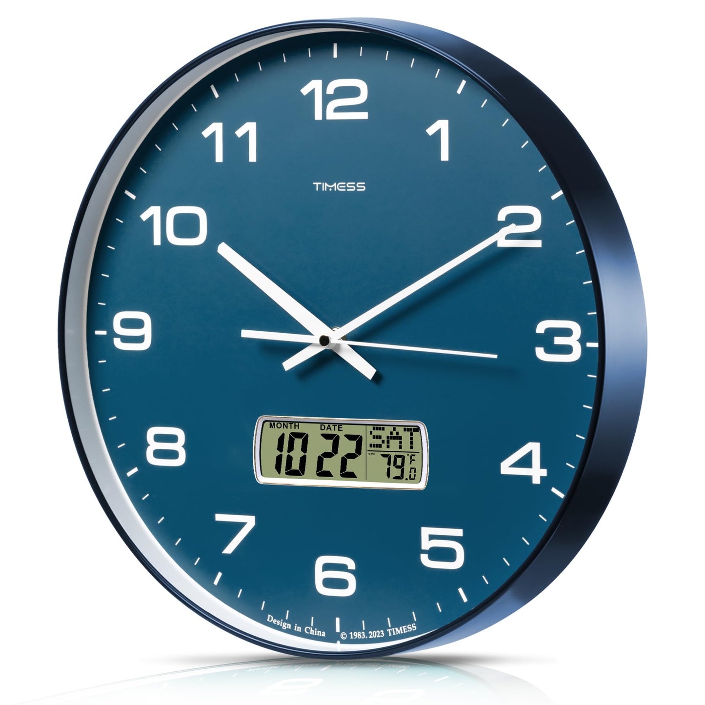 TIMESS 10-Inch Non-Ticking Analog Wall Clock with LCD Display, Blue