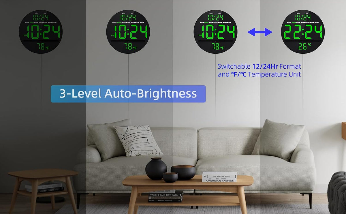 Digital Wall Clock with Large LED Display, Date, Temperature, Auto-Brightness | Small [PLUG-IN] Clock | Modern Electric Wall Clock for Bedroom, Classroom, Living Room, Home, Office, Farmhouse – Green