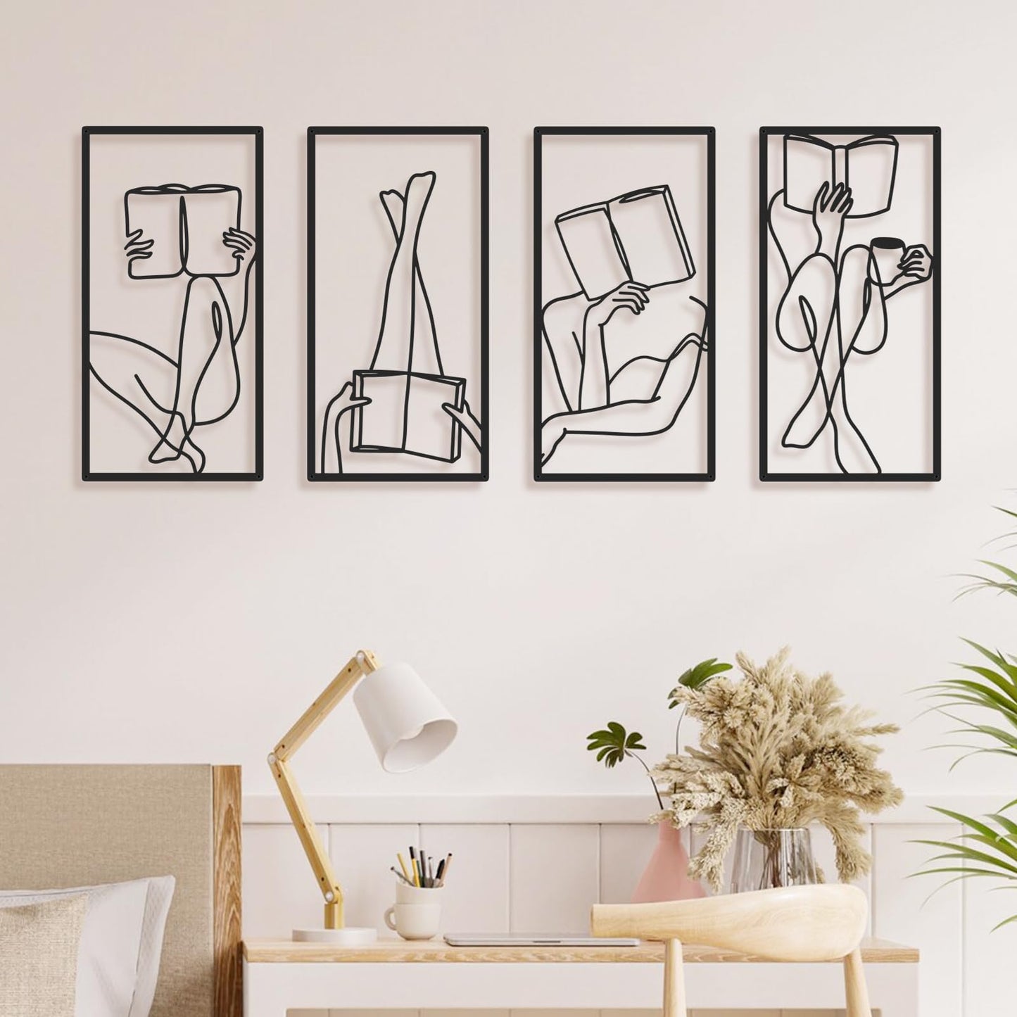Black Metal Abstract Wall Art, Minimalist Woman Flower Bathroom Wall Decor