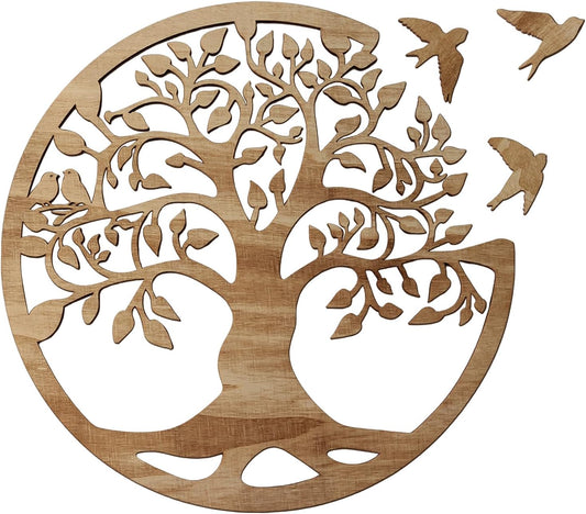 Wooden Tree of Life Wall Art 12 Inch Round Tree Life Wall Decor with 3 Bird