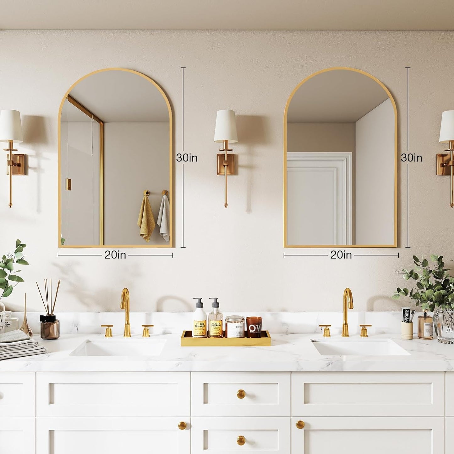 NEWBULIG 20X30 Inch Arched Bathroom Wall Mirror for Over Sink, Gold