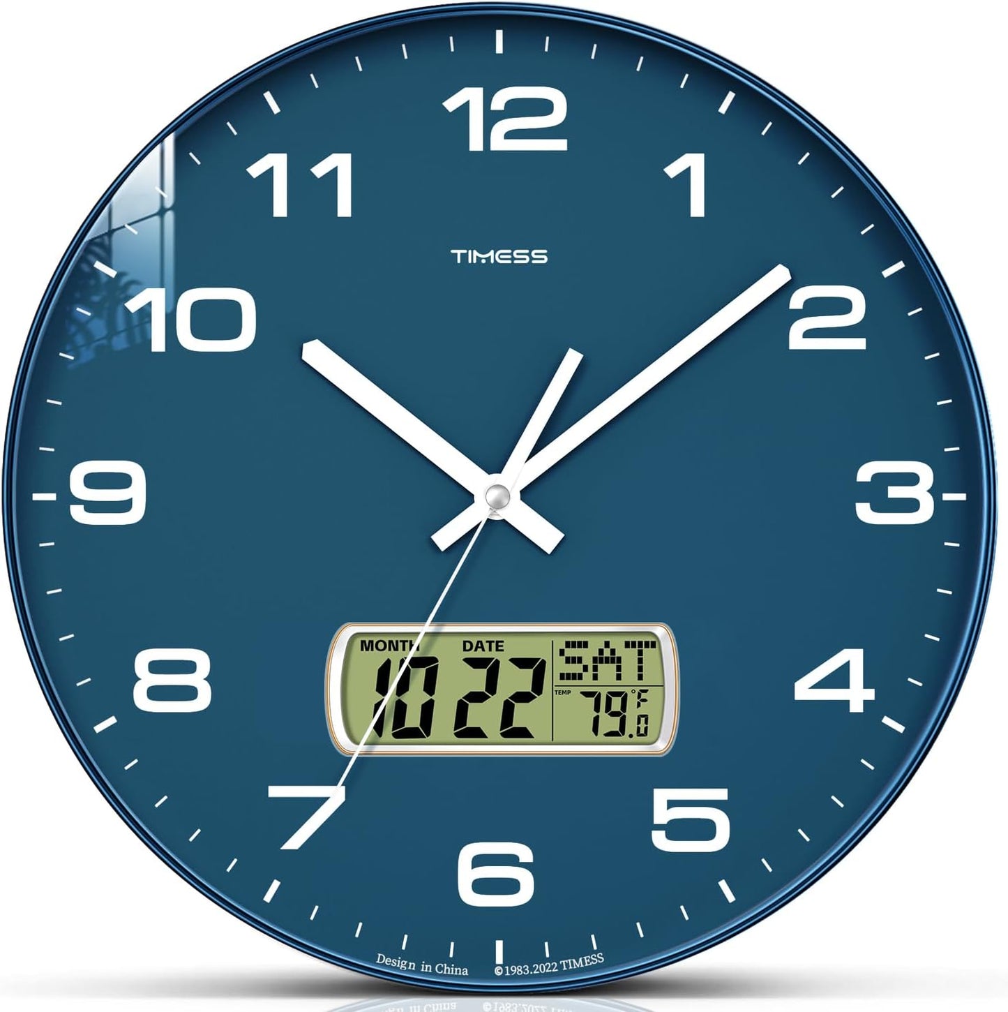 TIMESS 10-Inch Non-Ticking Analog Wall Clock with LCD Display, Blue