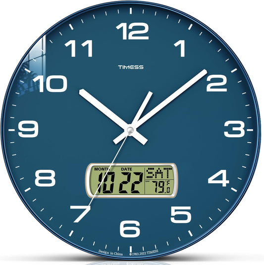 TIMESS 10-Inch Non-Ticking Analog Wall Clock with LCD Display, Blue