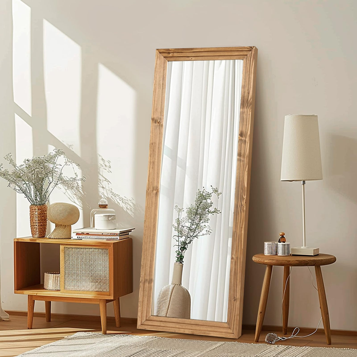 48x16in Oval Full Length Mirror Solid Wood Frame, Brown