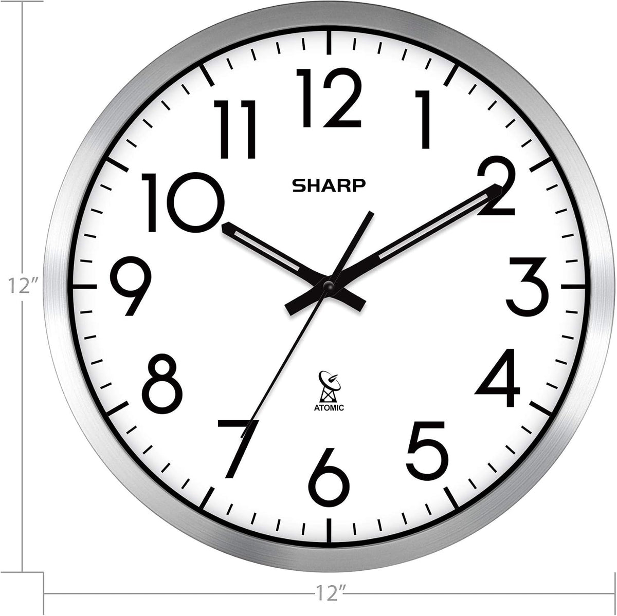Sharp 12-Inch Atomic Wall Clock, Battery Operated, Silver Brushed Finish