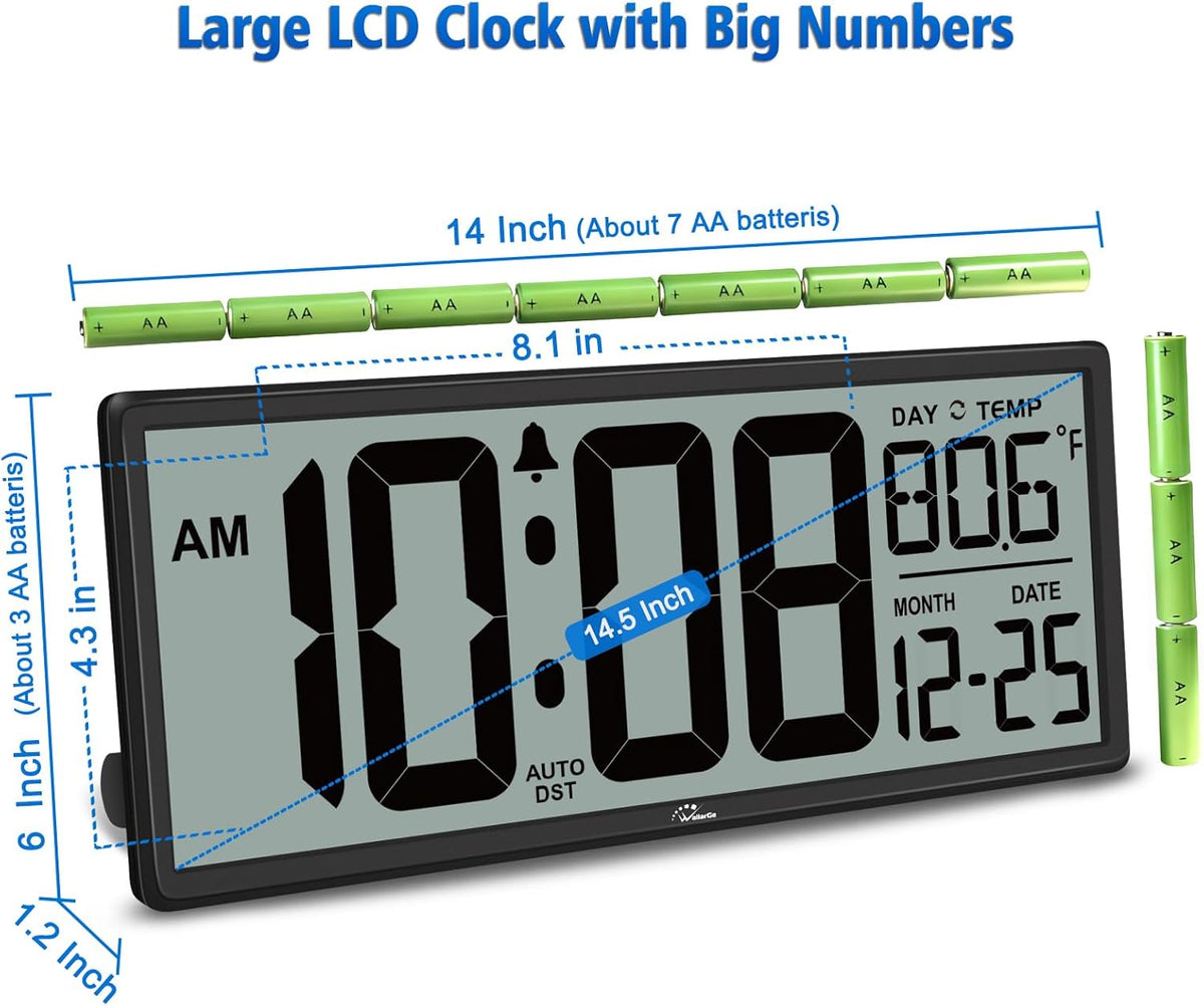 WallarGe 14.5'' Large Digital Wall Clock Battery Operated