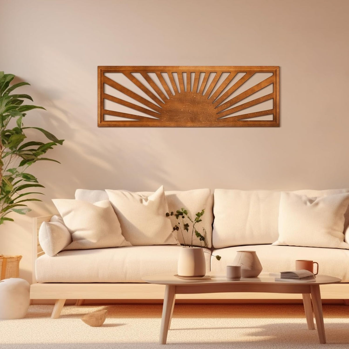 Burbell Horizontal Sun Wall Art 35"x12" Boho Wooden Room Decor,Dark Brown