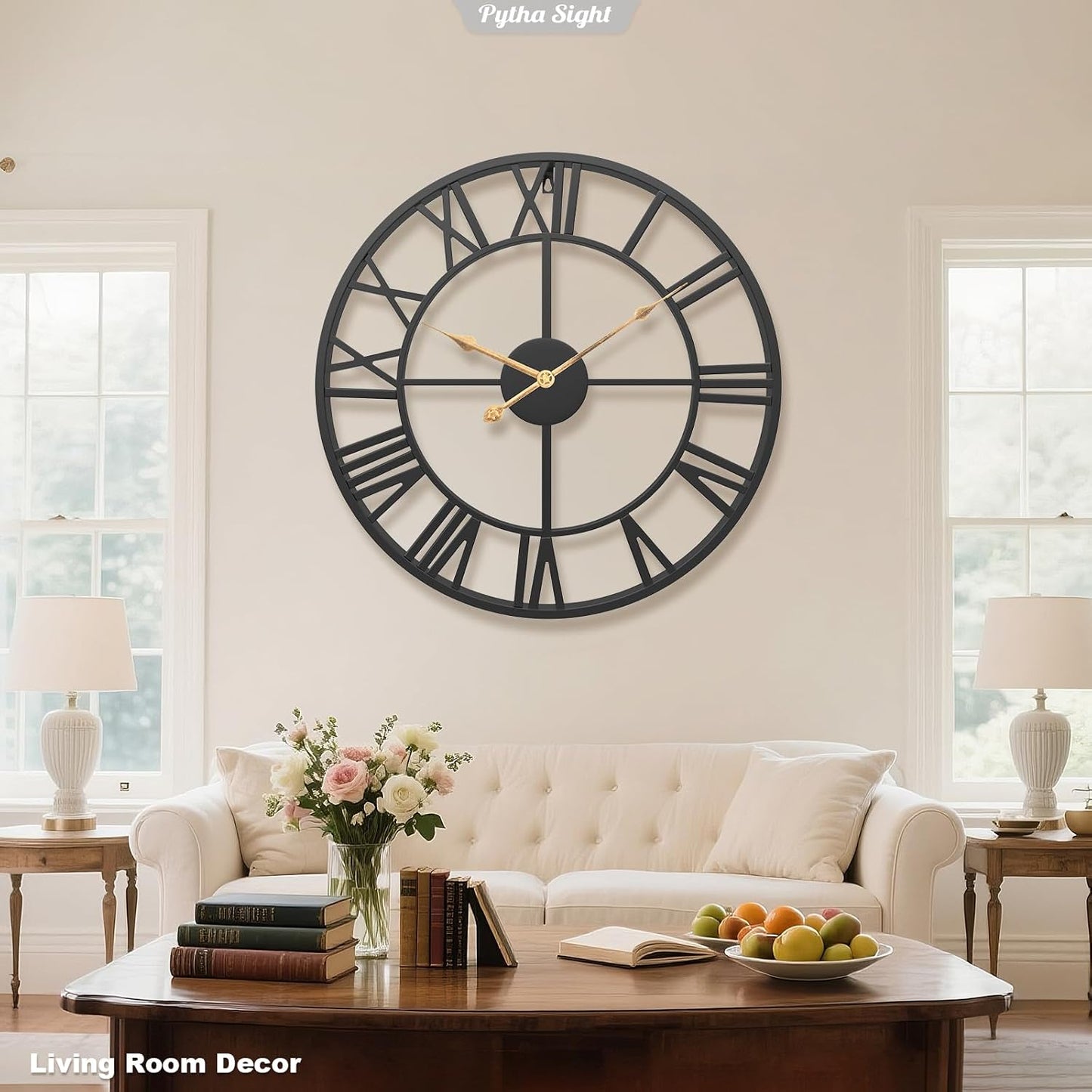 Pytha Sight 24 Inch Roman Numerals Large Wall Clocks for Living Room Decor