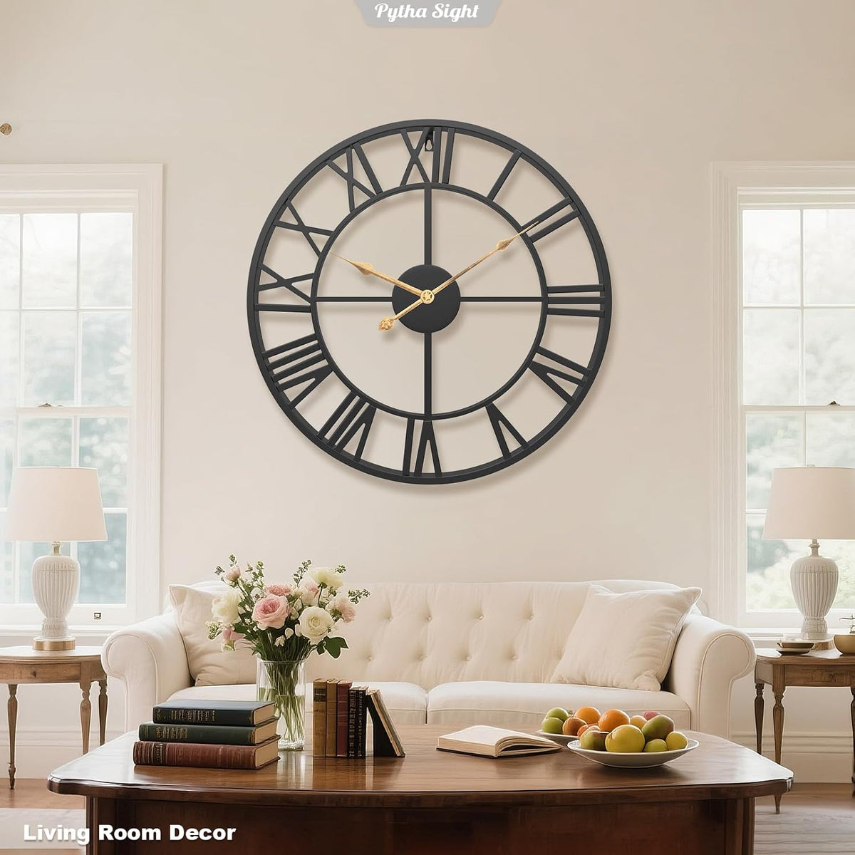 Pytha Sight 24 Inch Roman Numerals Large Wall Clocks for Living Room Decor