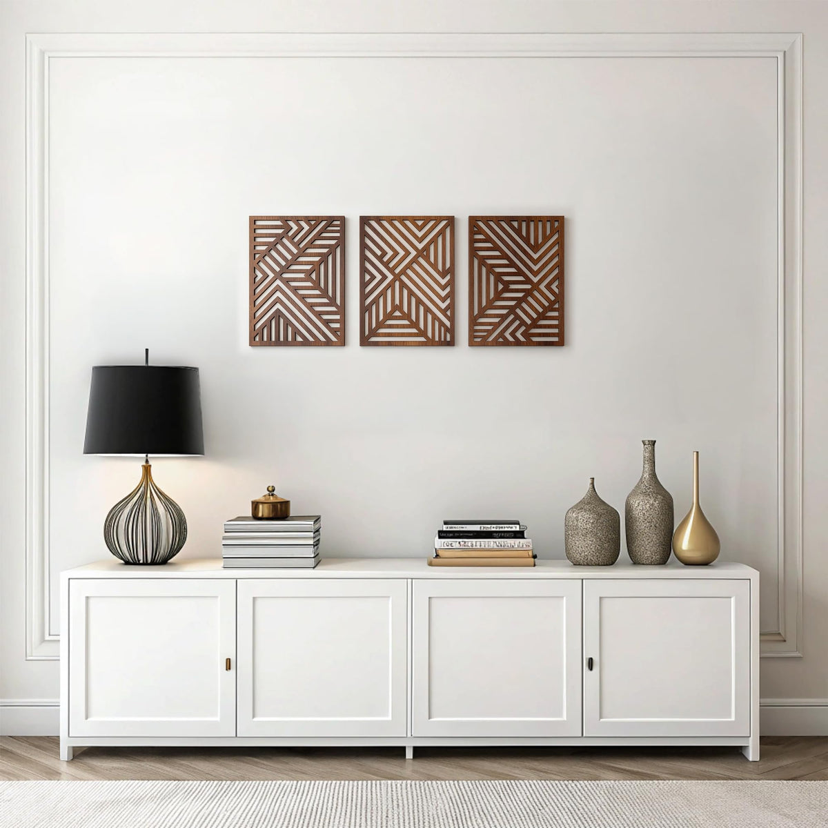 qmmp Modern Wooden Wall Sculptures - Set of 3 - Home Decor Accent - Large Wall Art for Living Room, Bedroom, Office - Easy Installation (Walnut, Medium - Mountain and Sun)