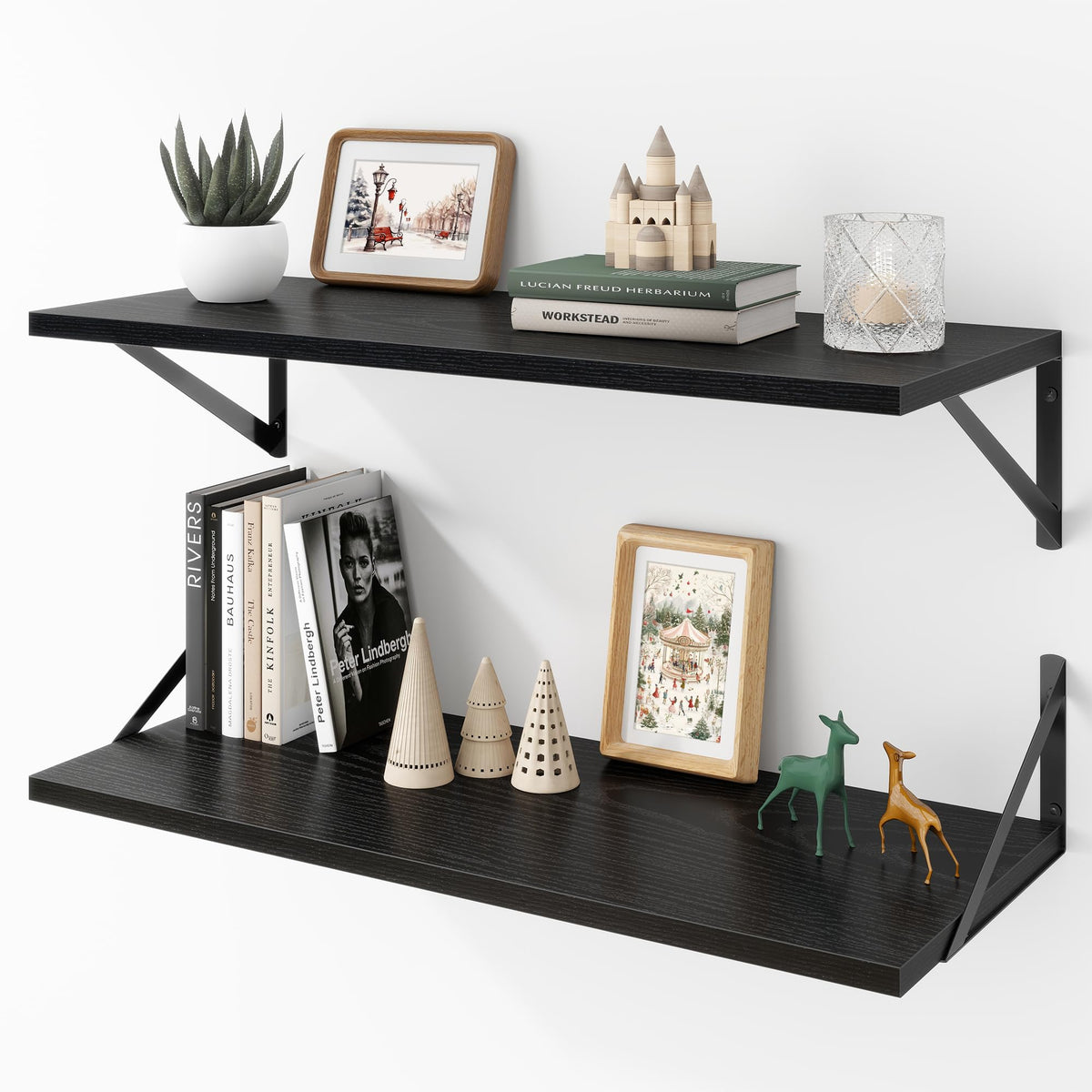 Acovy Deep Floating Shelves Wall Mounted, 36"x12" Brown Wood Shelves with Brackets Set of 2 for Bedroom, Living Room, Bathroom, Kitchen, Office - Storage & Display Shelf for Decor, Books, Plants