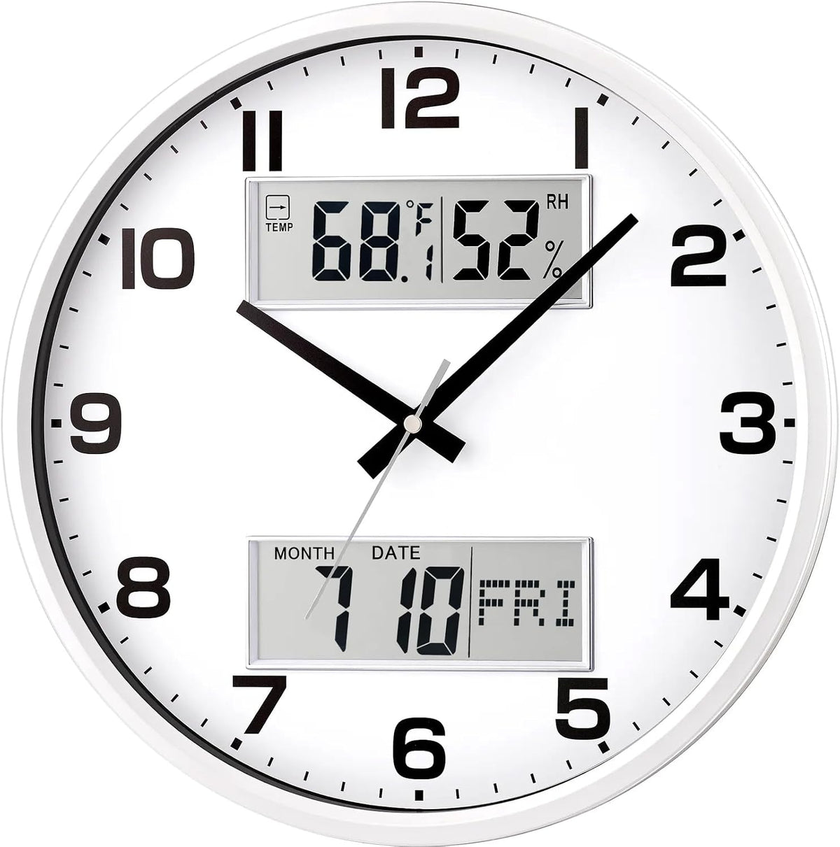 13" White Battery Powered Silent Wall Clock with Calendar Temperature and Humidity H-7326
