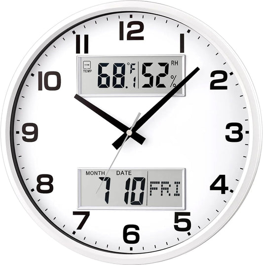 13" White Battery Powered Silent Wall Clock with Calendar Temperature and Humidity H-7326