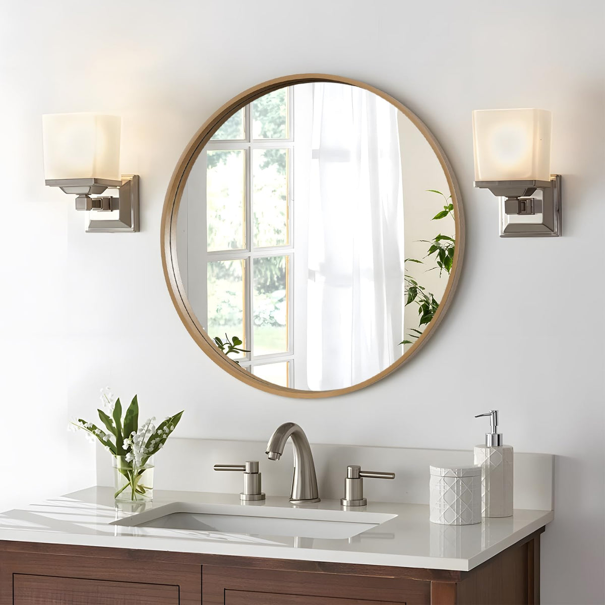 WallBeyond Round Wood Mirror 24 inch Circle Wall Mirror for Bathroom Round Wall Mirror for Wall Decor, Vanity, Entryway Living Room (Natural)