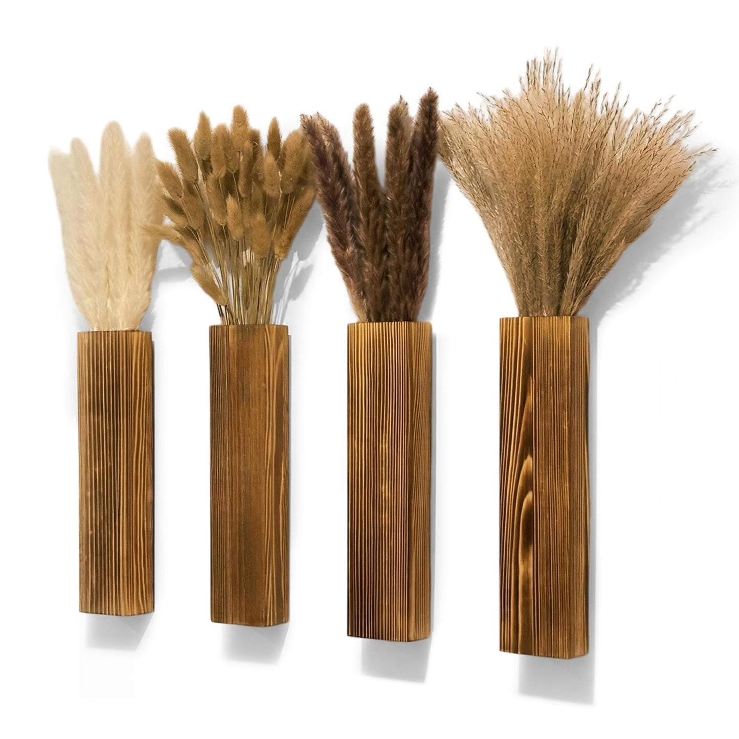 Wooden Wall Planter Set of 4 - Modern Home Decor for Living Room, Bedroom, Bathroom - Walnut Finish Planter for Dried Flowers, Faux Greenery, Indoor Plants