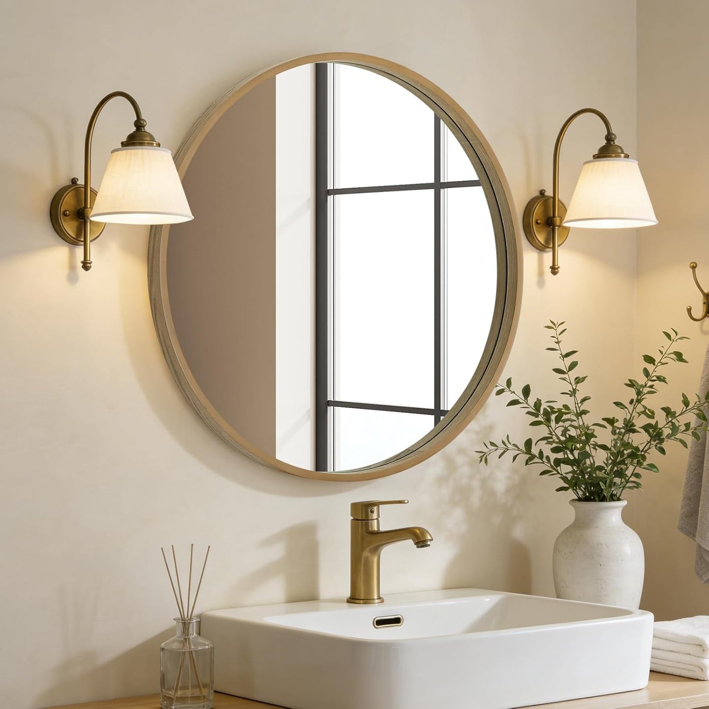 WallBeyond Round Wood Mirror 24 inch Circle Wall Mirror for Bathroom Round Wall Mirror for Wall Decor, Vanity, Entryway Living Room (Natural)