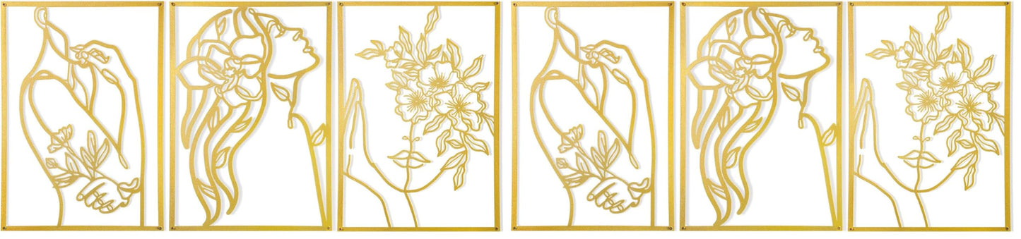 AGIOTA 3 Pcs Gold Metal Wall Decor, Minimalist Floral Women Line Drawing Wall Art, Elegant Abstract Lady Silhouette Metal Wall Hanging for Home Bedroom Living Room