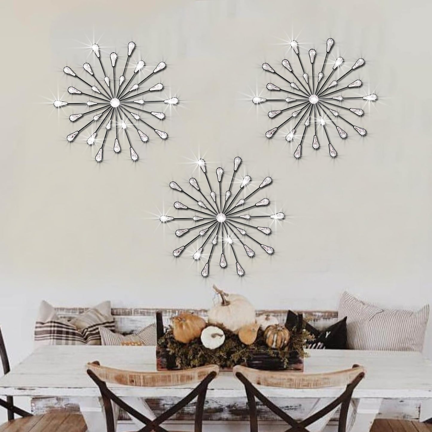ZEXUIRU 3 Set Silver Starburst Wall Art for Home Decor Metal Bling Crystal Rhinestones Sunburst Wall Decor Sparkling Rhinestone Art Accent Silver - 13in