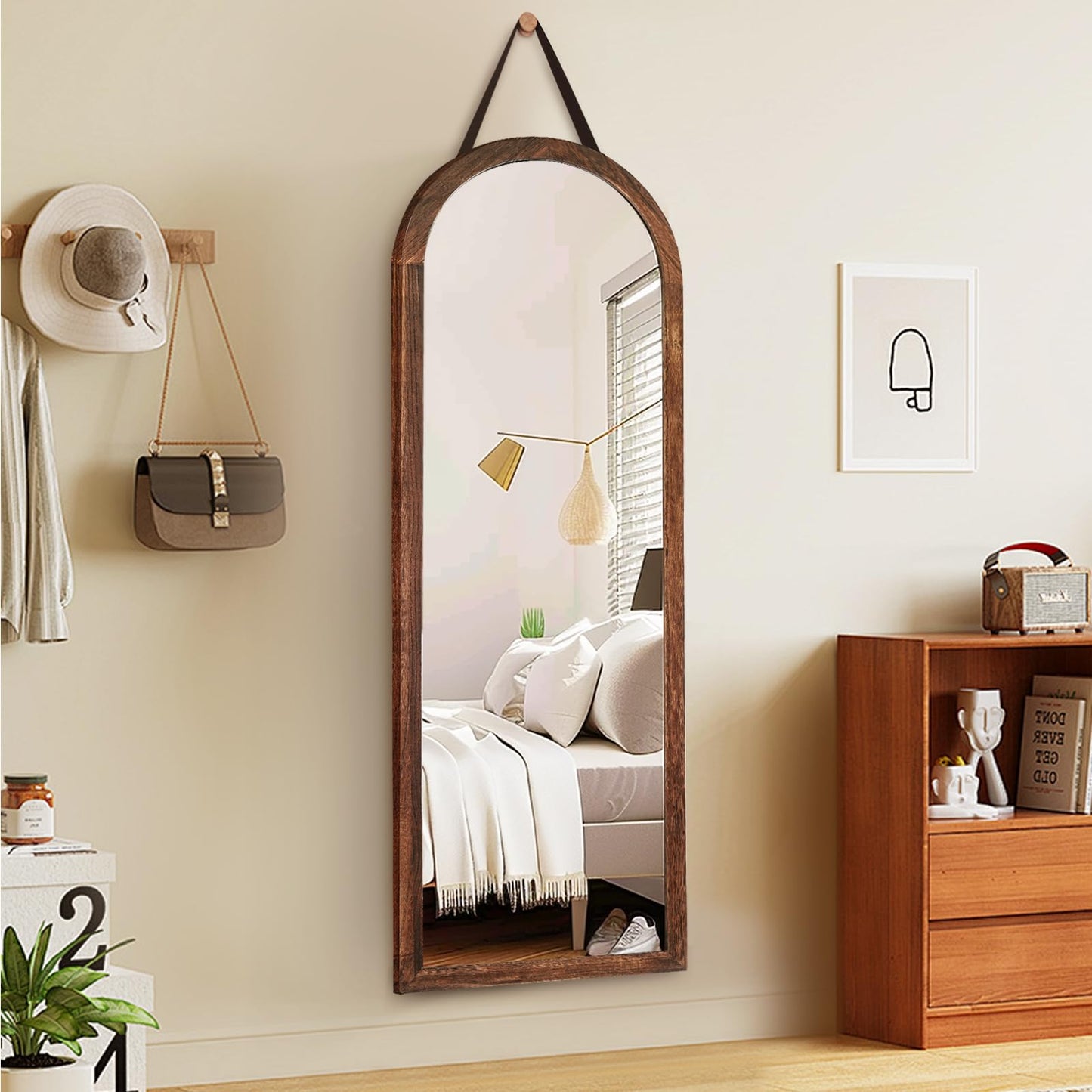 48x16in Oval Full Length Mirror Solid Wood Frame, Brown