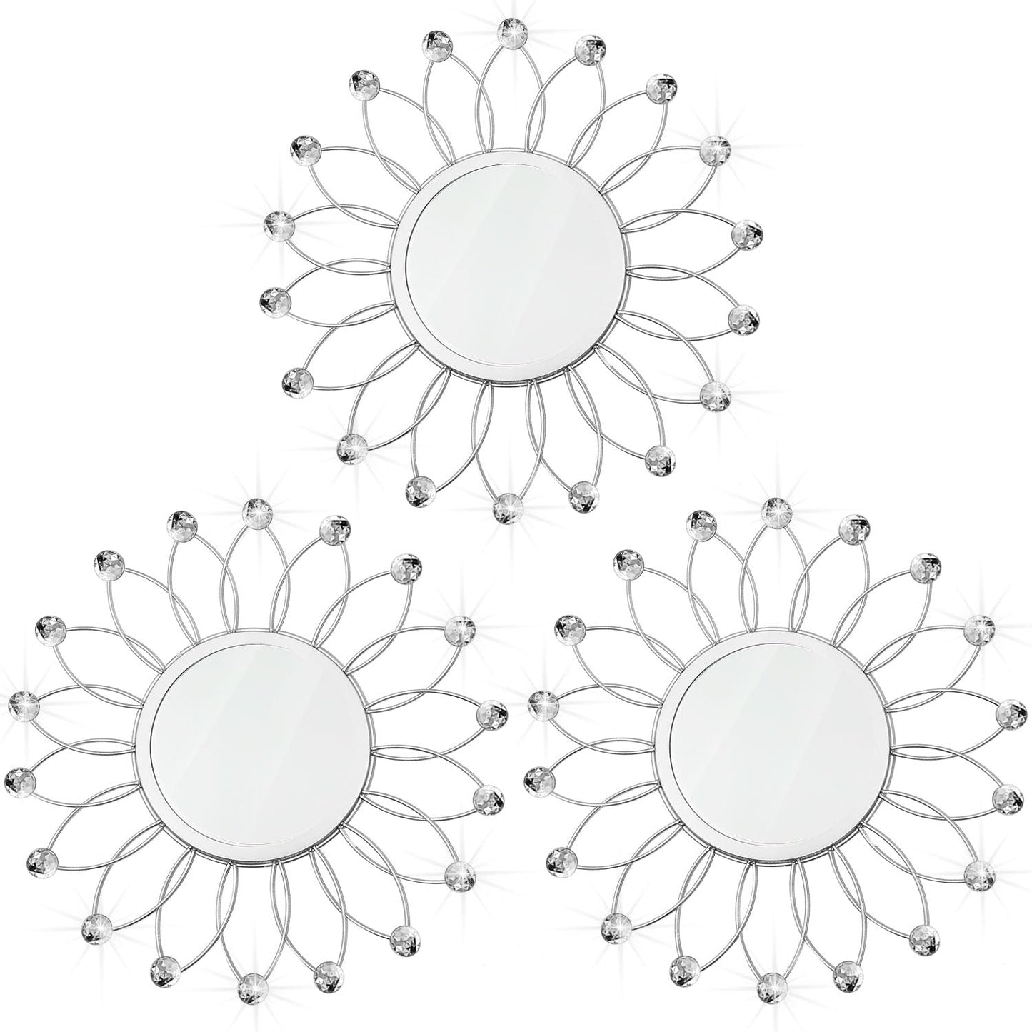 3 Pack Metal Mirrors for Wall Sunburst Wall Mirrors Home Décor Decorative Hanging Wall Art for Living Room Bedroom Entryway (Gold, Flower+Sunburst)