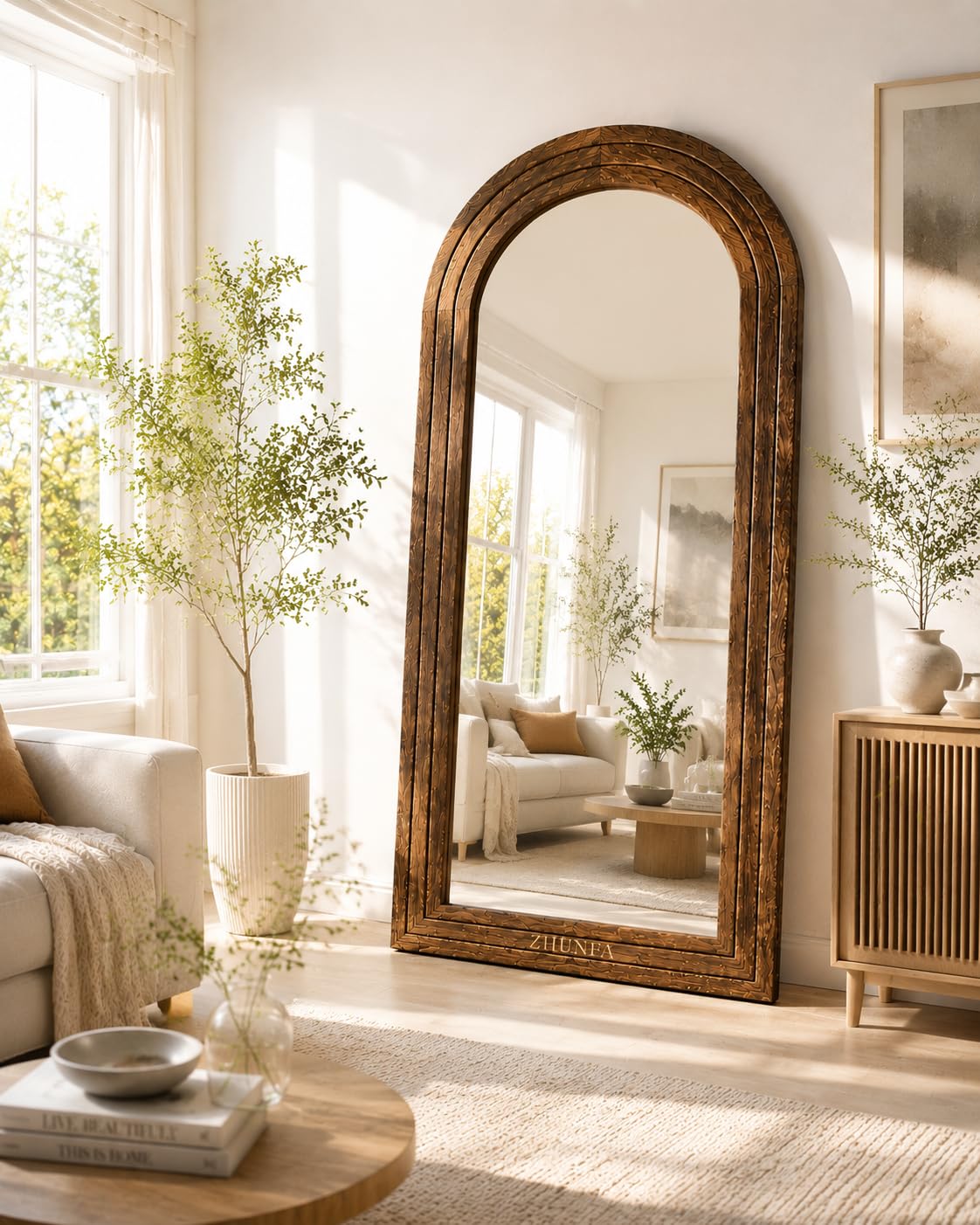 ZHUNFA Arched Full Length Mirror with Solid Wood Frame