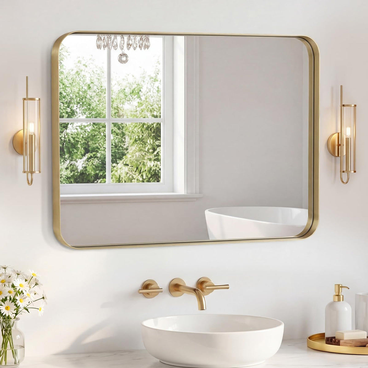 NEWBULIG 20X30 Inch Arched Bathroom Wall Mirror for Over Sink, Gold