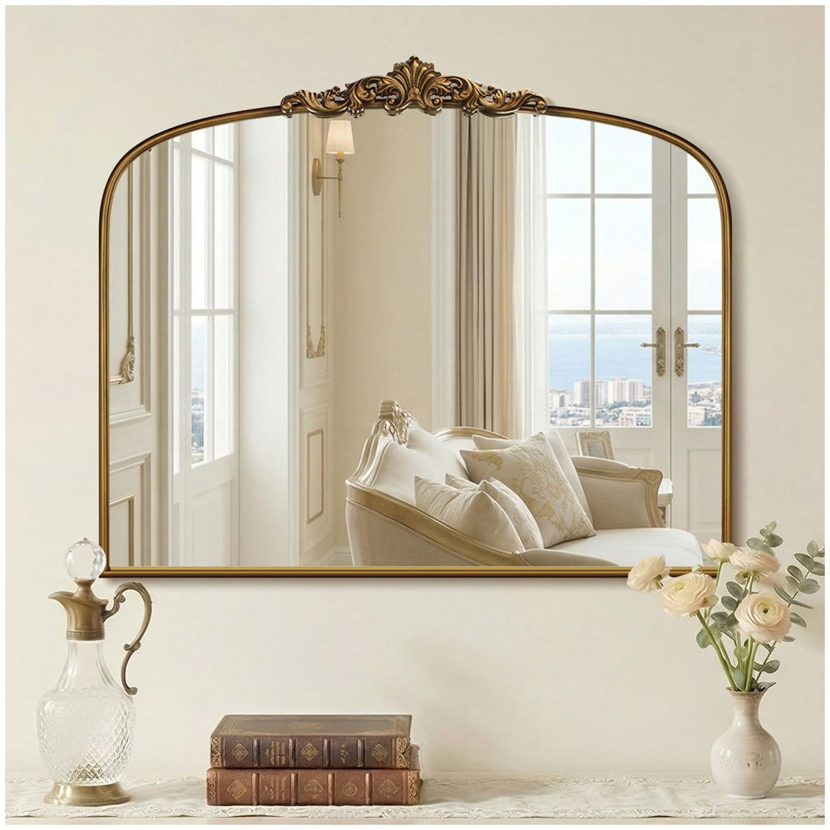 Antique Gold Arched Wall Mirror, 36" x 28" Beaded Mirror