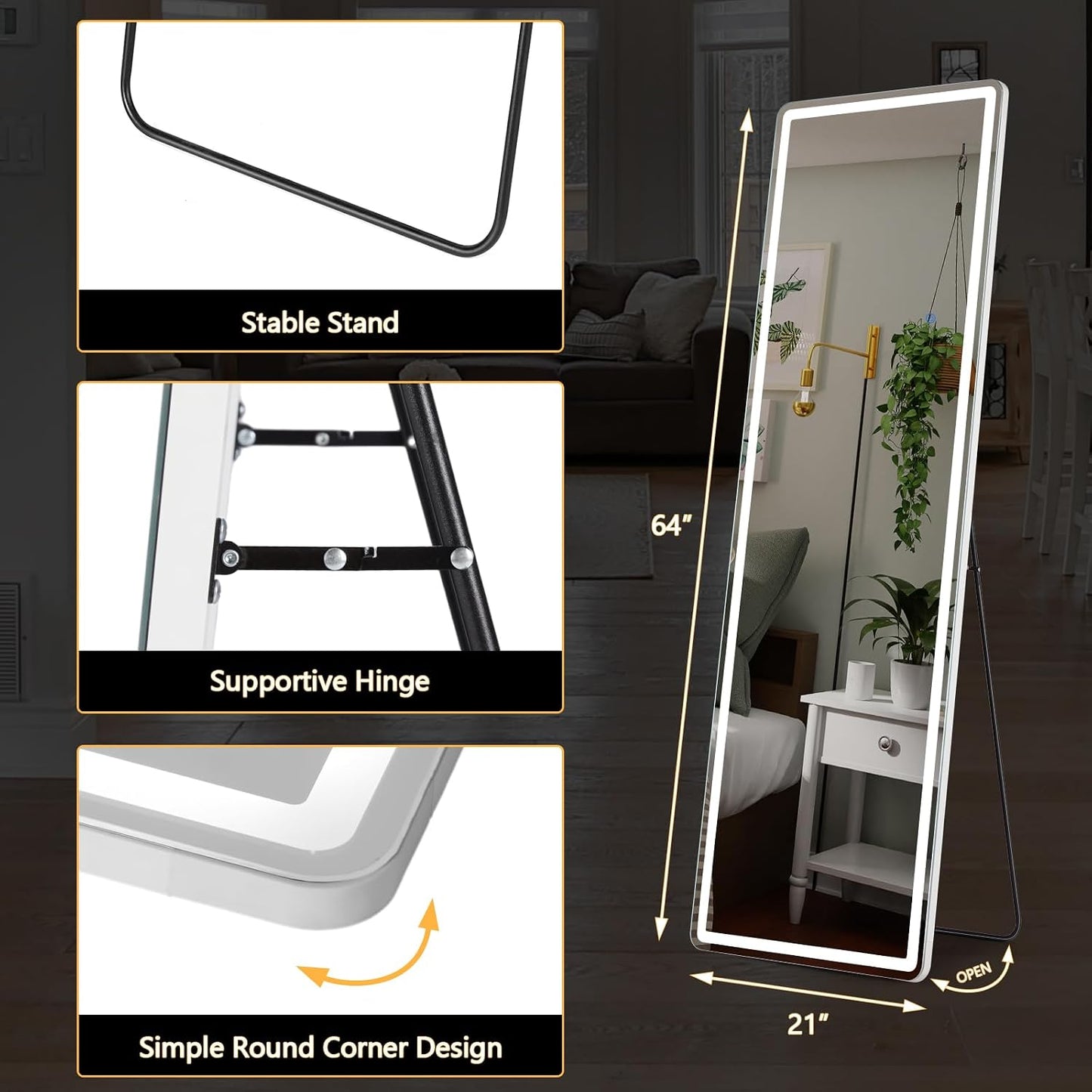 Sweetcrispy LED Full Length Floor Mirror, 65"x21" Lighted Full Body Mirror