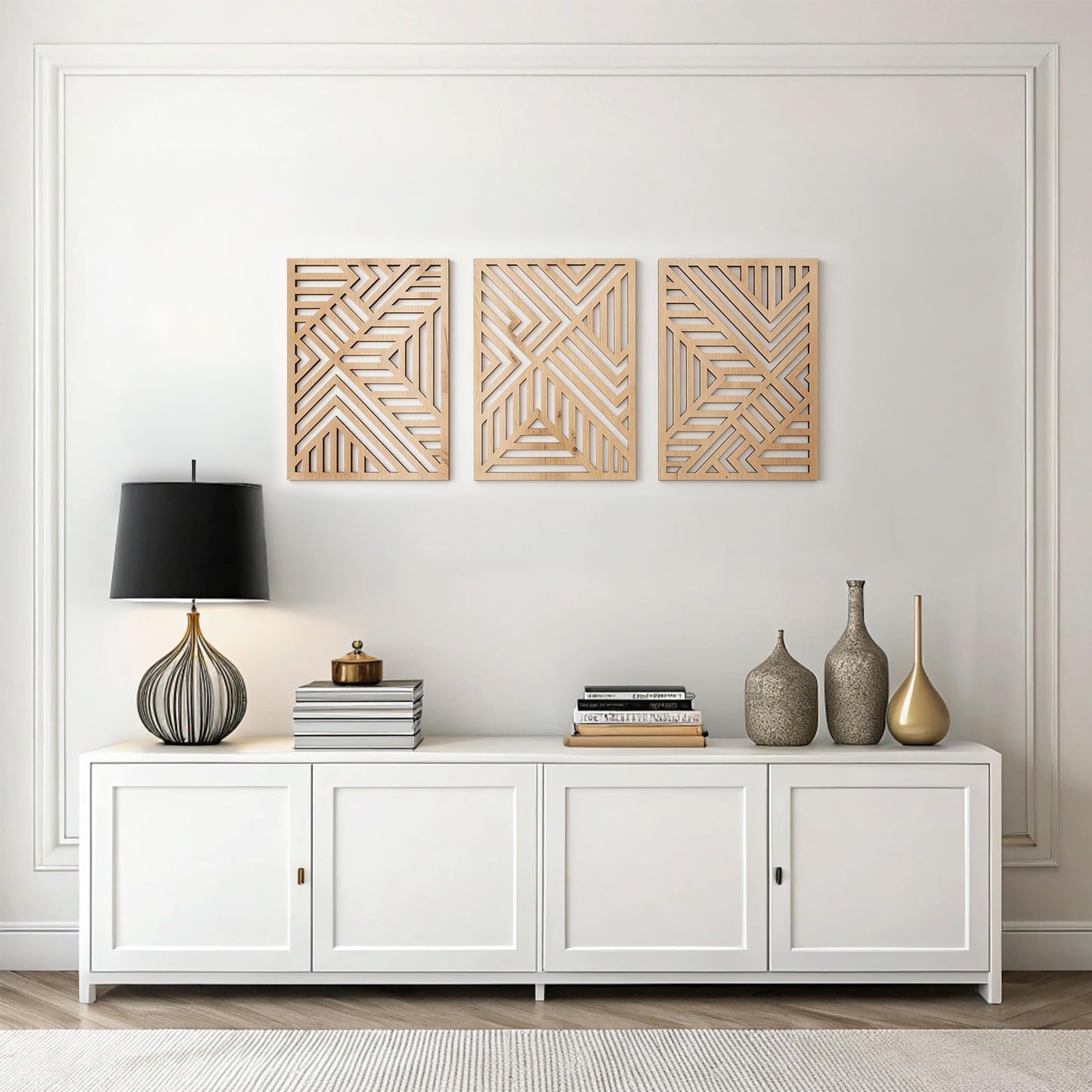 qmmp Modern Wooden Wall Sculptures - Set of 3 - Home Decor Accent - Large Wall Art for Living Room, Bedroom, Office - Easy Installation (Walnut, Medium - Mountain and Sun)